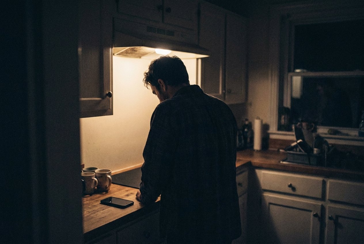 A man standing alone at a dark kitchen counter late at night.
