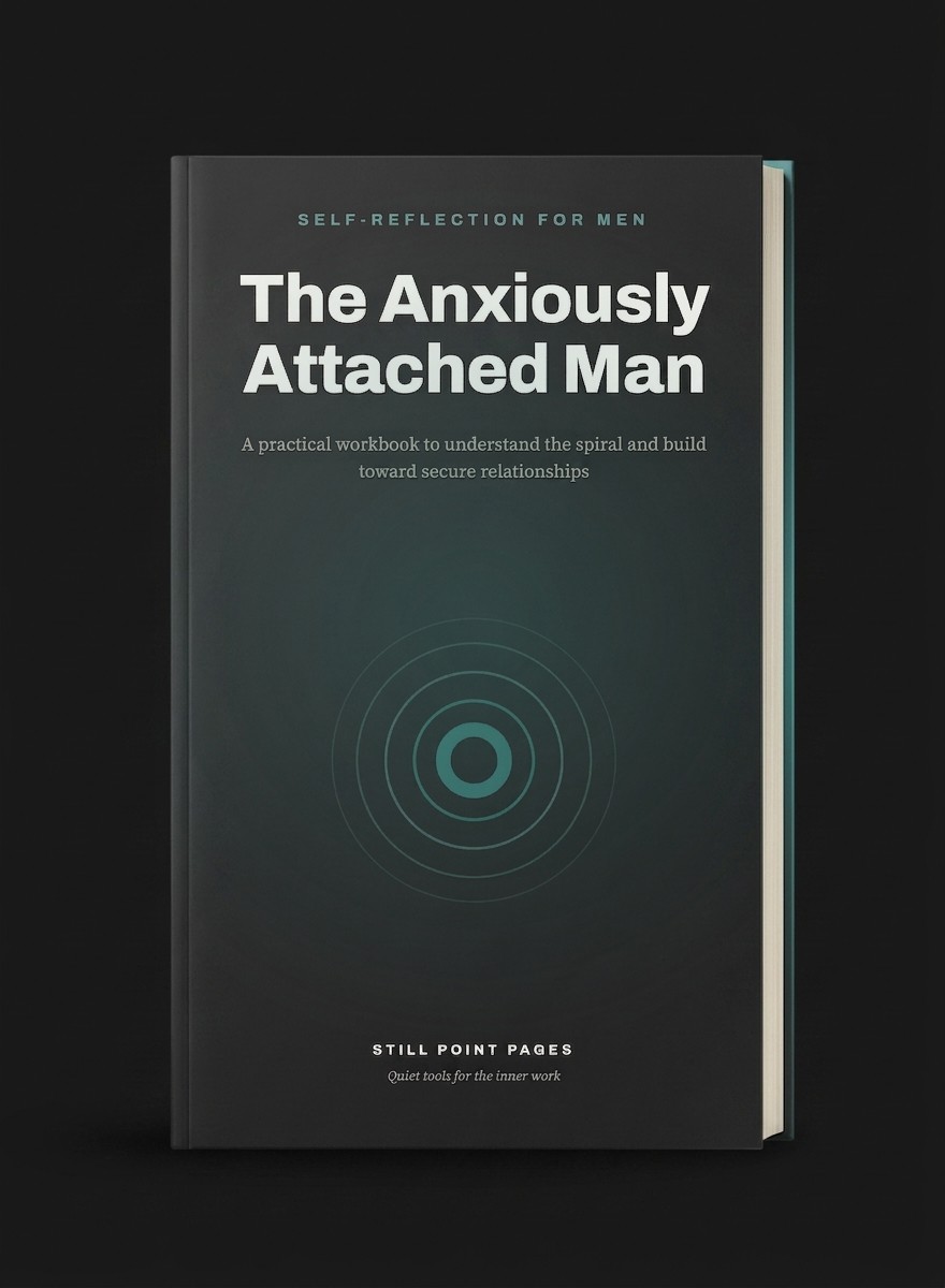 The Anxiously Attached Man, a 45-page self-reflection workbook, shown as a softcover book.